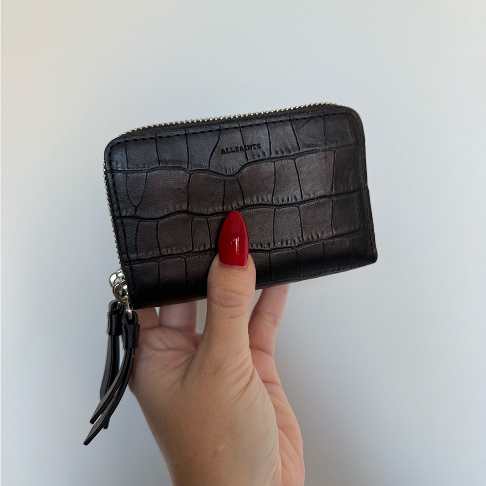 AllSaints Black Croc-Embossed Wallet